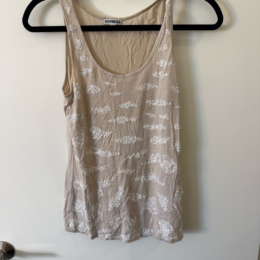 Express Tan and White Sequin Cloud Tank Top